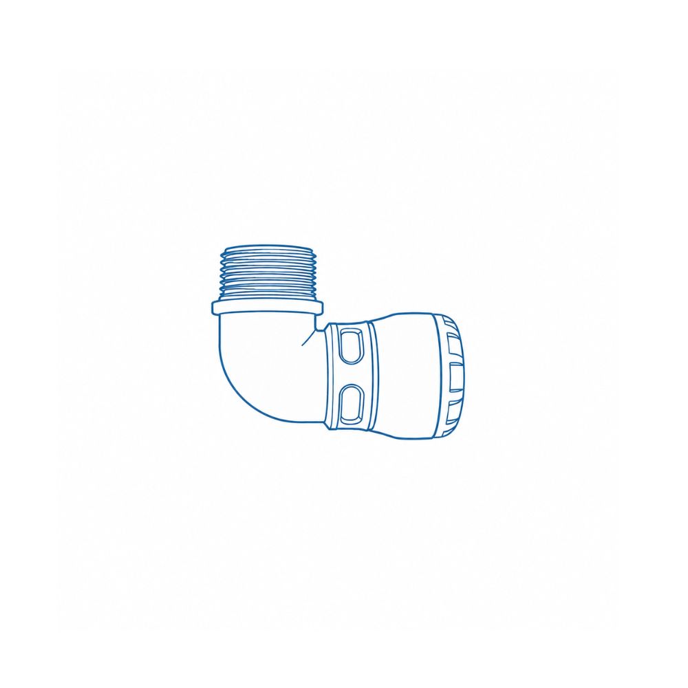 Blue line drawing of a 90-degree pipe elbow fitting with threaded end and compression nut, conveying a plumbing component
