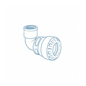 Blue line drawing of a pipe elbow fitting with a threaded male end and a ridged compression/crimped outer ring.