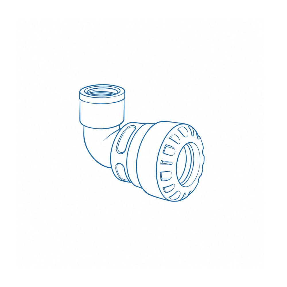 Blue line drawing of a pipe elbow fitting with a threaded male end and a ridged compression/crimped outer ring.