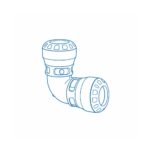 Blue line drawing of a 90-degree pipe elbow with ribbed ends and clamp rings.