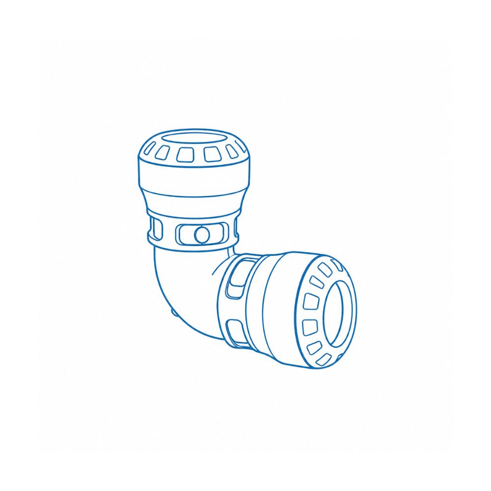 Blue line drawing of a 90-degree pipe elbow with ribbed ends and clamp rings.