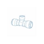Blue line drawing of a T-shaped pipe fitting (tee) used in plumbing for joining three pipes.