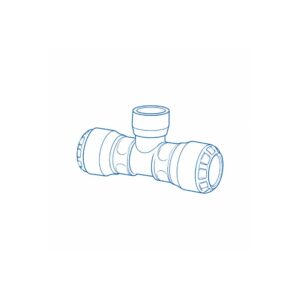 Blue line drawing of a T-shaped pipe fitting (tee) used in plumbing for joining three pipes.