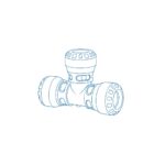 Blue line drawing of a T-shaped plumbing pipe fitting with three openings.