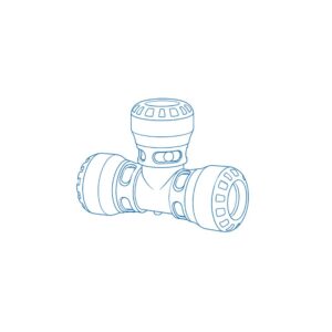 Blue line drawing of a T-shaped plumbing pipe fitting with three openings.