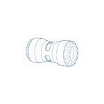 Blue line drawing of a cylindrical camera lens lying on its side, showing focus/zoom rings and front element