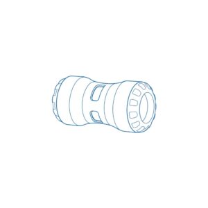 Blue line drawing of a cylindrical camera lens lying on its side, showing focus/zoom rings and front element