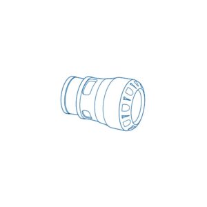Blue line drawing of a cylindrical camera lens mount adapter lying on its side, showing the ring with a series of internal notches.