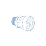 Isometric illustration of a threaded cylindrical connector with knurled grip and an open bore end (blue outline).