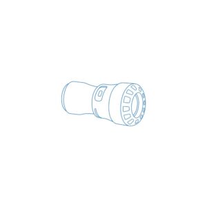 Blue line drawing of a camera lens barrel seen from the side.