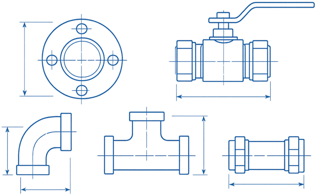 Engineering drawing of plumbing hardware: flange, 90-degree elbow, valve with handle, and straight pipe sections with dimension arrows and centers aligned