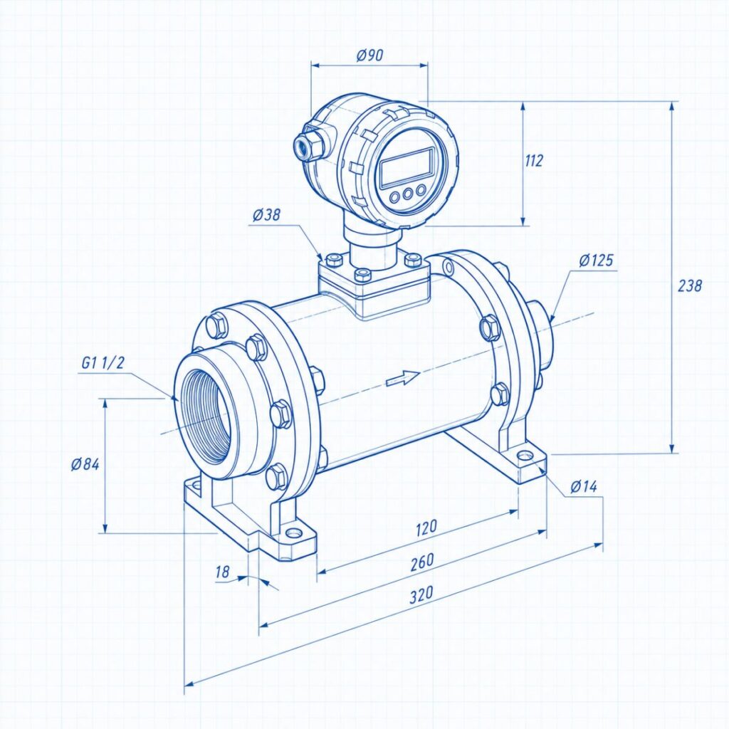 Isometric technical drawing of a cylindrical inline flow meter with flanged ends, mounting feet, and a top-mounted digital display; overall length about 320 mm.