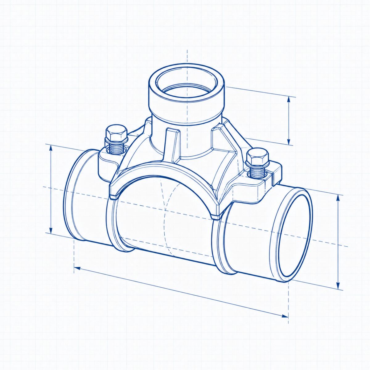 Blueprint-style isometric drawing of a three-port pipe valve with threaded ends and bolts, shown from an angled perspective for technical detailing.