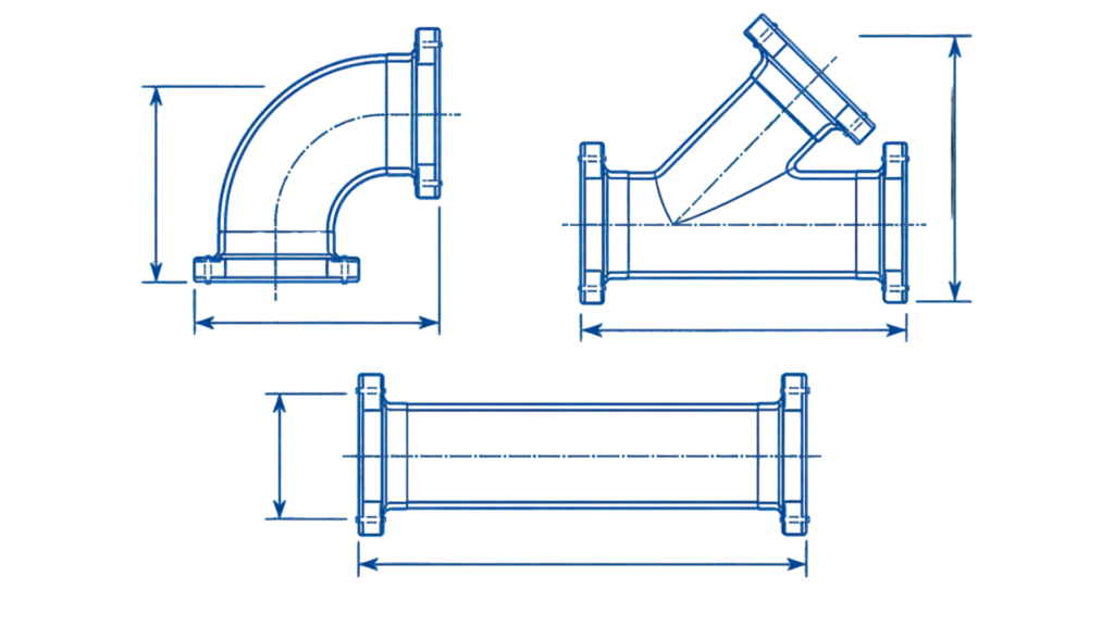 Engineering blueprint of an L-shaped pipe elbow with flanged ends and dimension lines on a black background