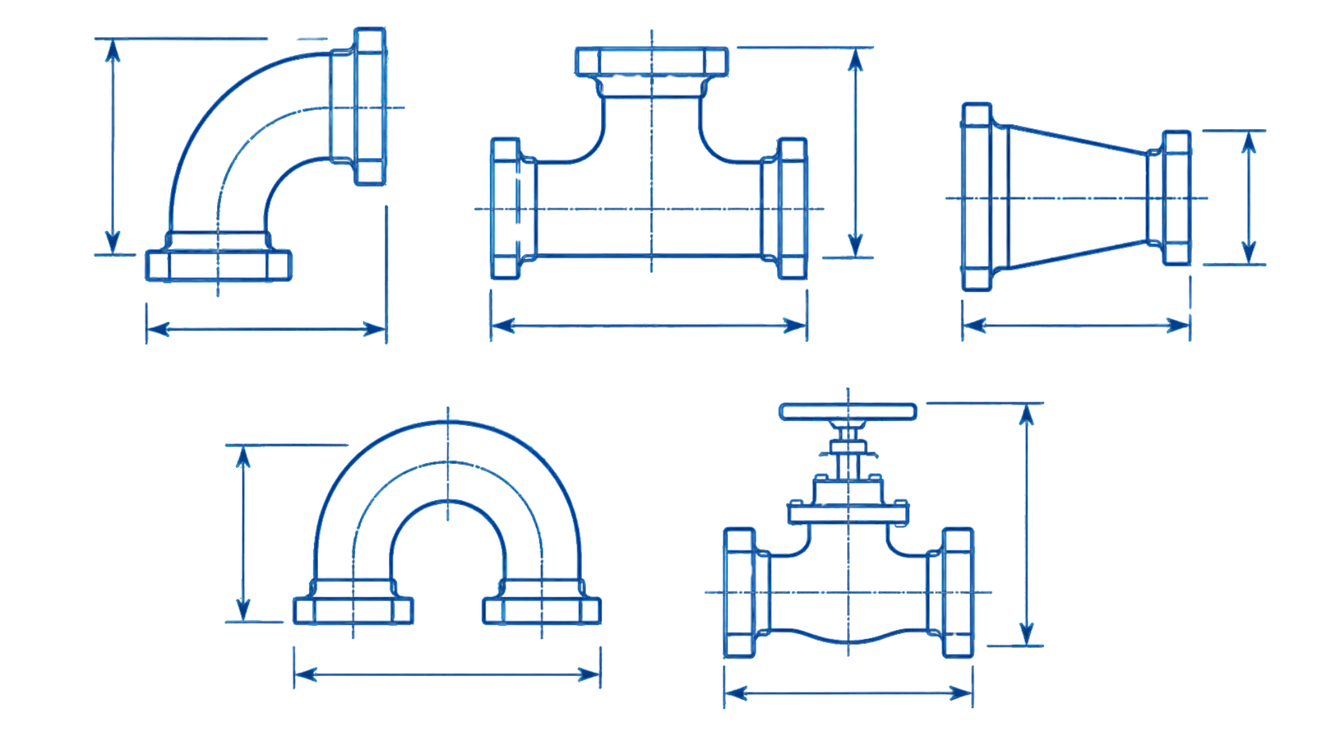 Technical blueprint of piping components including an elbow, flanges, and a valve with dimension arrows