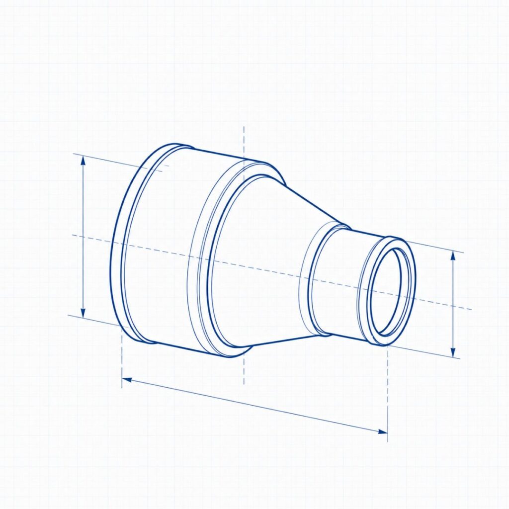 Engineering blueprint of a tapered pipe adapter with flanged end and dimension lines on a grid background, shown in blue ink.
