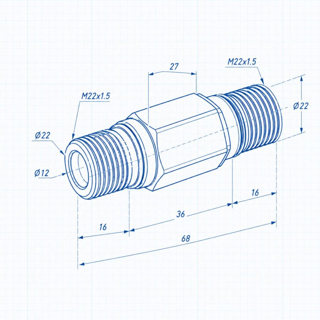 Technical drawing of a threaded hydraulic fitting with M22x1.5 threads, showing overall length 68 mm and diameters Ø22/Ø12.