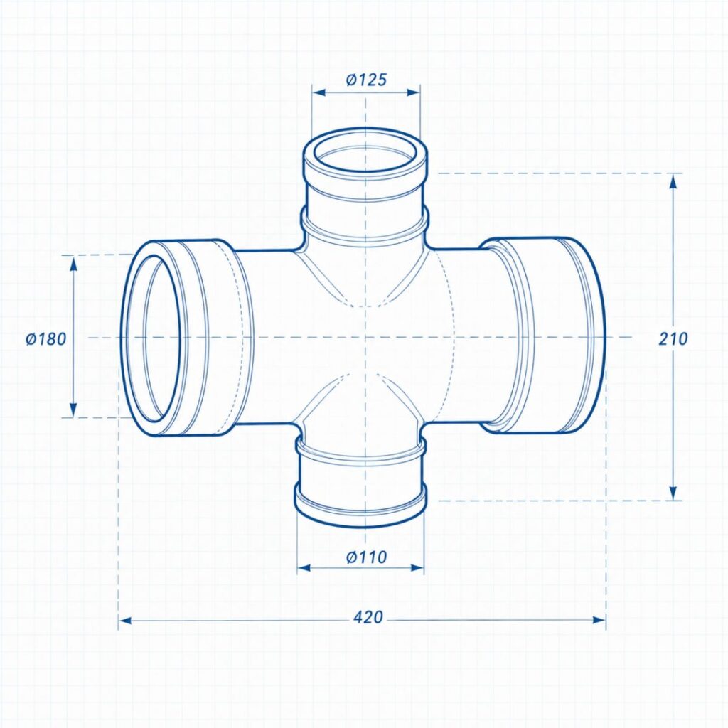 Blueprint-style drawing of a four-way pipe T-fitting with flanged ends, showing overall width 420 mm, central bore Ø125 mm, side bore Ø180 mm, bottom bore Ø110 mm, and total height 210 mm.