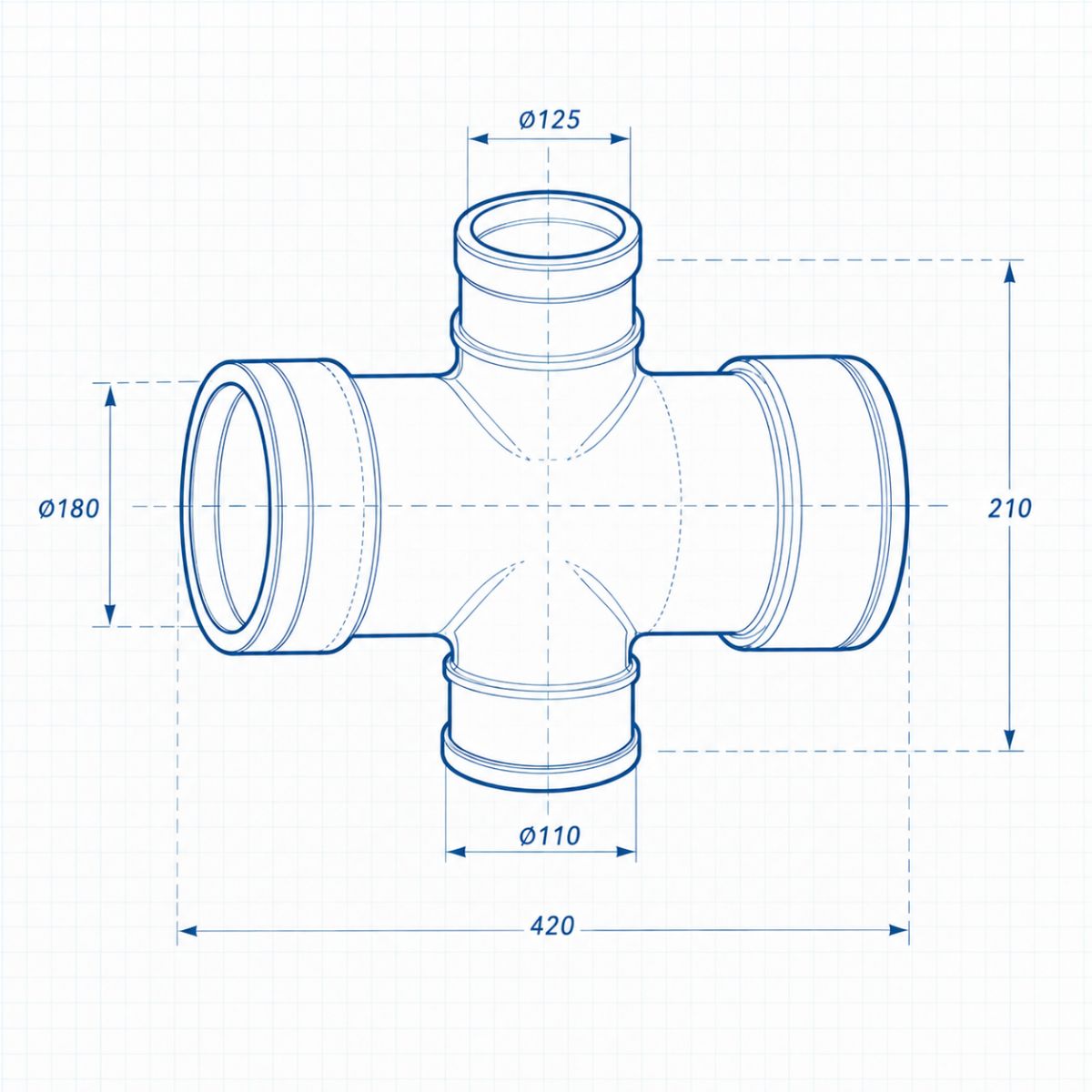 Blueprint-style drawing of a four-way pipe T-fitting with flanged ends, showing overall width 420 mm, central bore Ø125 mm, side bore Ø180 mm, bottom bore Ø110 mm, and total height 210 mm.