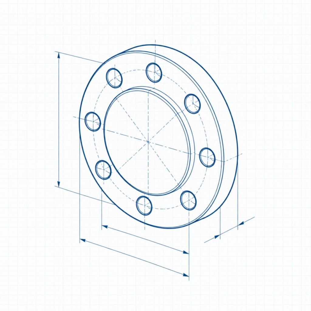 Engineering blueprint of a circular flange with eight bolt holes and dimension lines