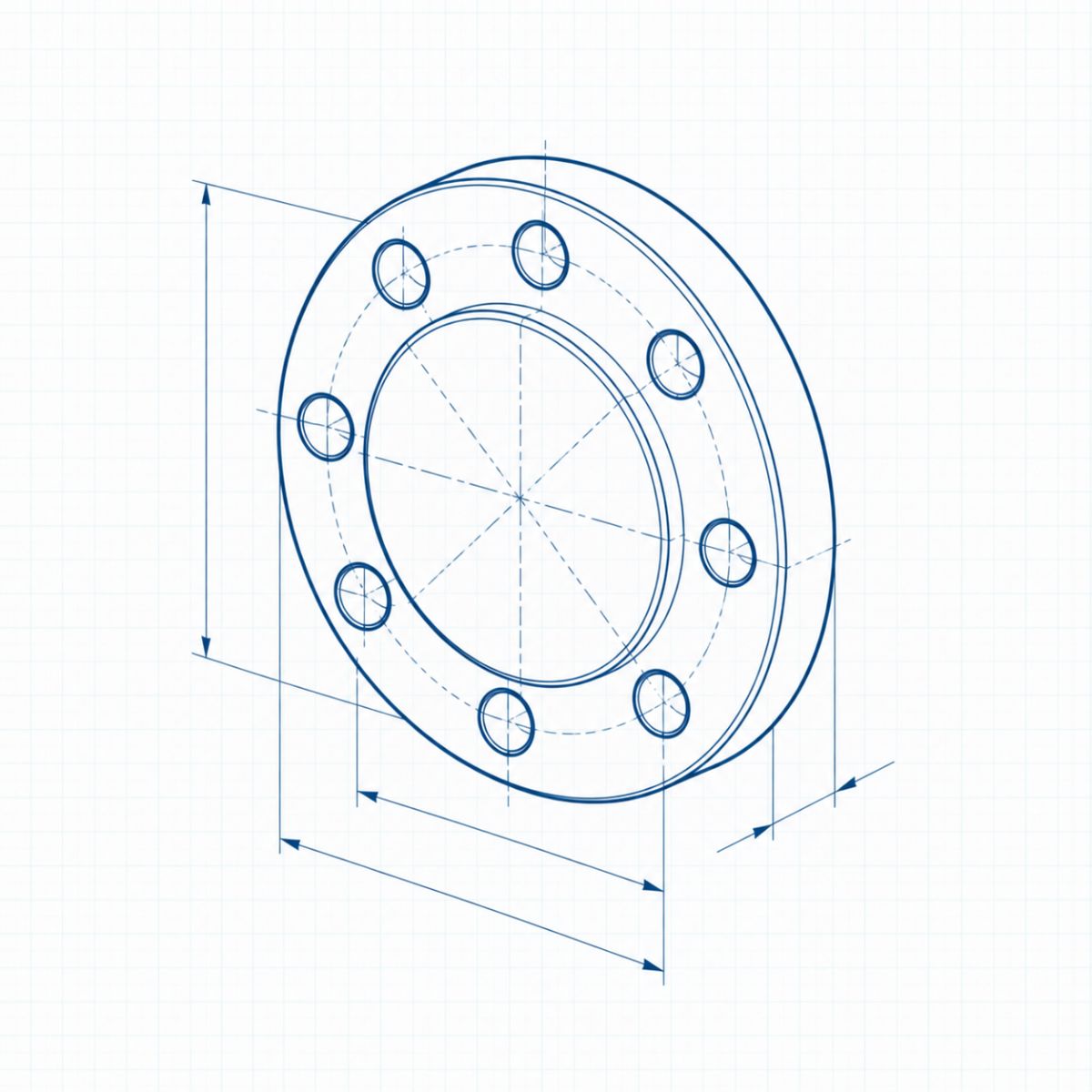 Engineering blueprint of a circular flange with eight bolt holes and dimension lines