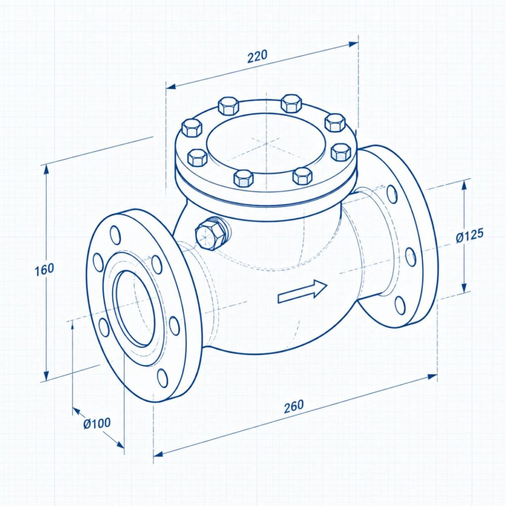 Isometric drawing of a stainless steel pipeline valve with flanged ends and bolt holes, showing flow direction and dimensions (260 mm length, Ø125 flange).