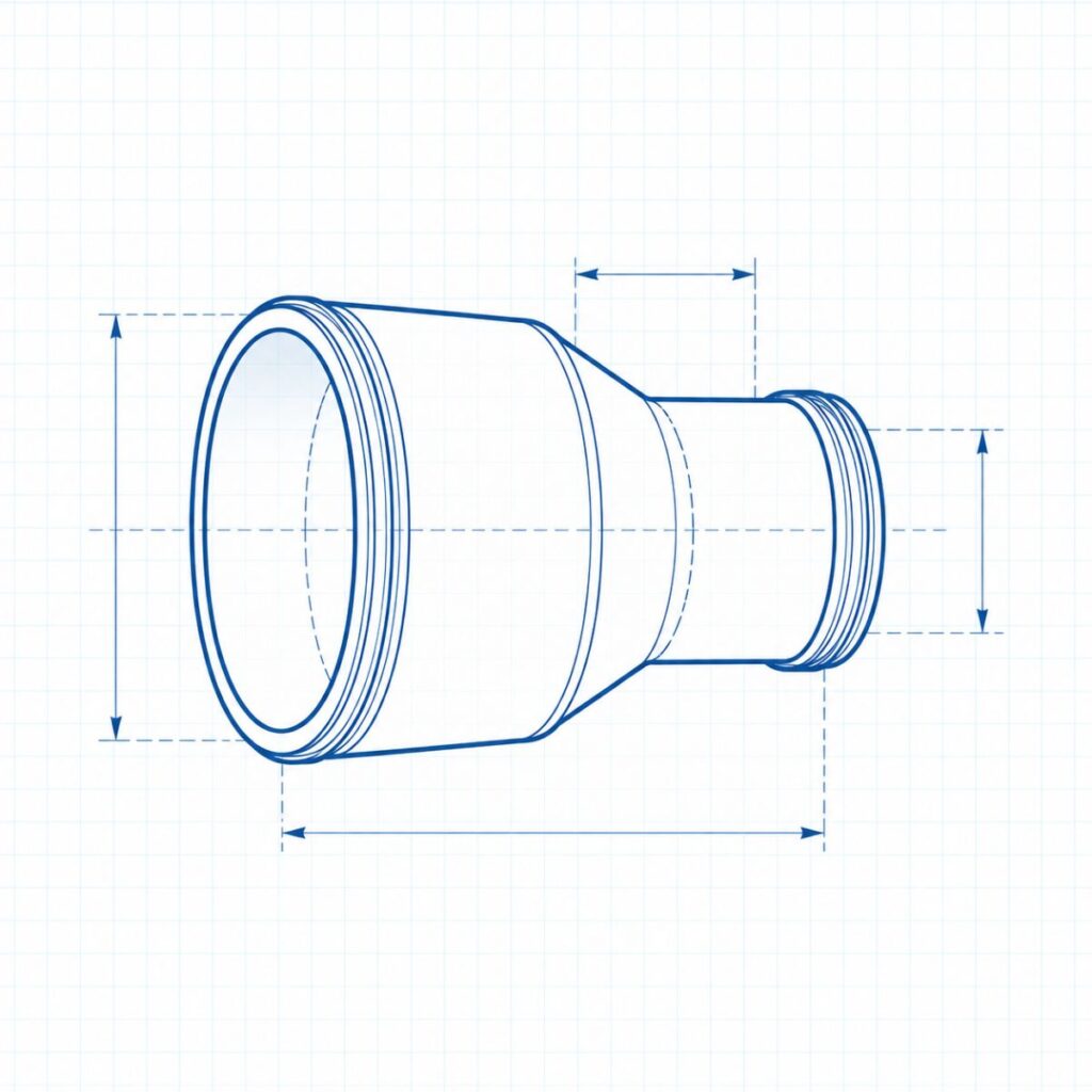 Blueprint-line drawing of a cylindrical camera lens barrel with threading at both ends and dimension marks on graph paper