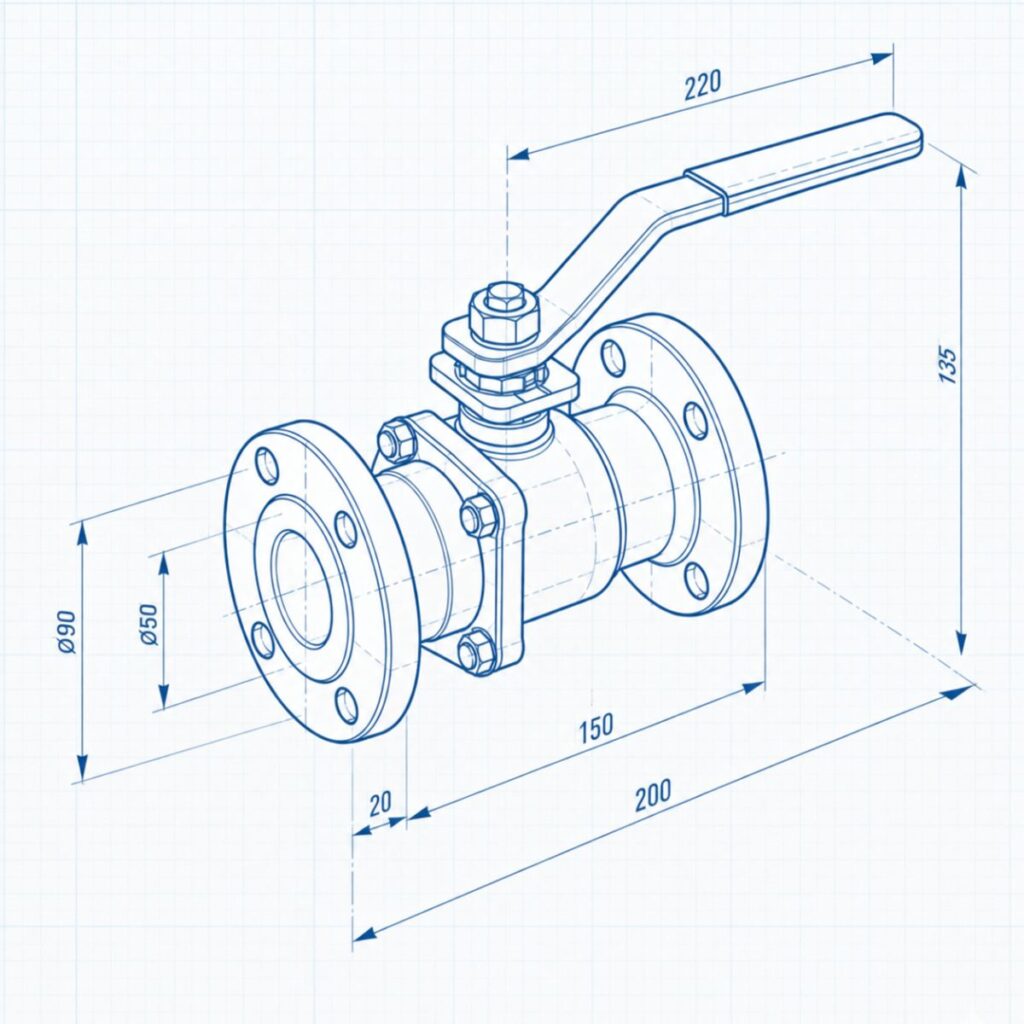 Technical drawing of a flanged ball valve with dimensions, showing a lever handle and two flange ends for mounting