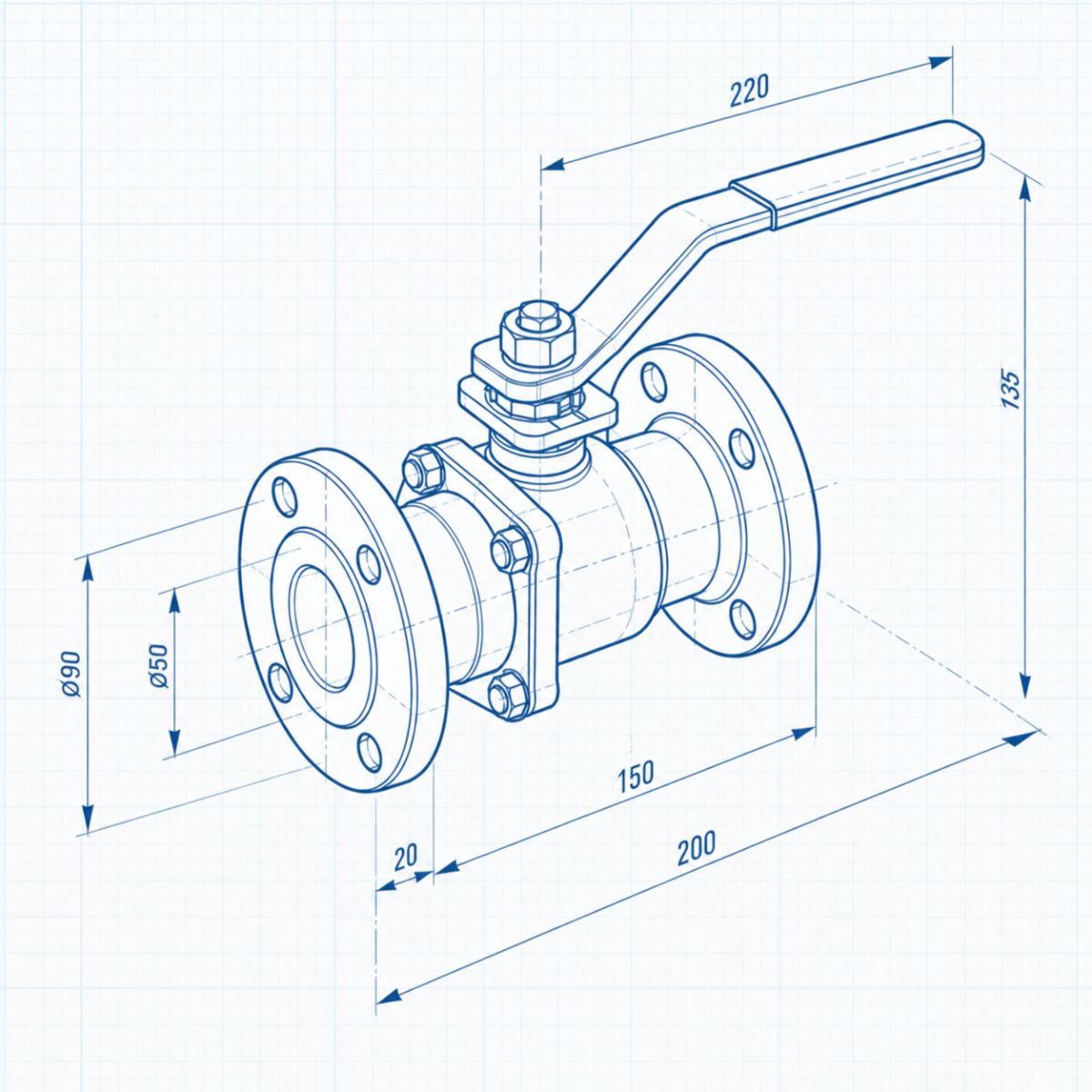 Technical drawing of a flanged ball valve with dimensions, showing a lever handle and two flange ends for mounting