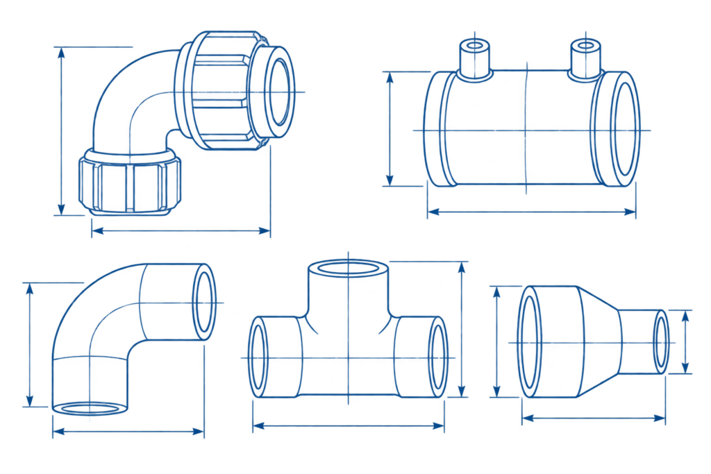 Faint blue technical blueprint of various piping fittings (elbow, tee, flange) on a dark gradient background (informative).