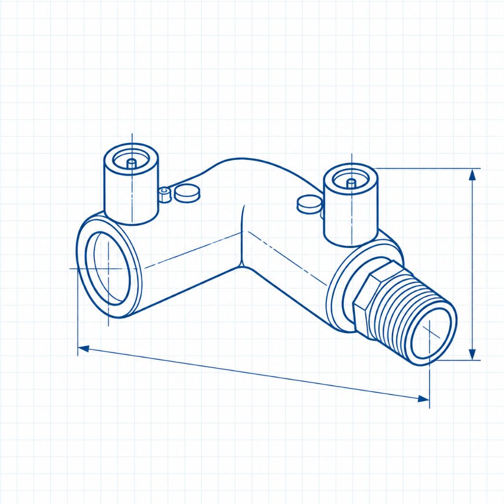 Engineering drawing of a two-port elbow pipe fitting with a male-threaded end on the right and a socket on the left, shown in isometric view with dimension arrows