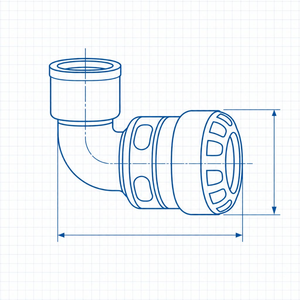 Blue line drawing of a 90-degree pipe elbow with a threaded, knurled coupling at the outlet, shown with overall length and height dimensions on graph paper.