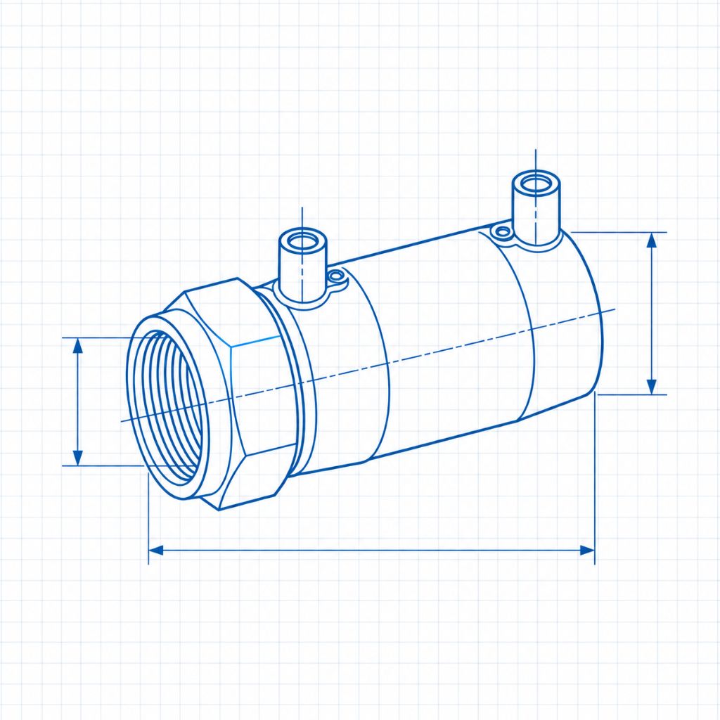 Isometric blueprint of a cylindrical pipe coupling with a threaded female end on the left and two top bosses, dimensions shown along length and height.