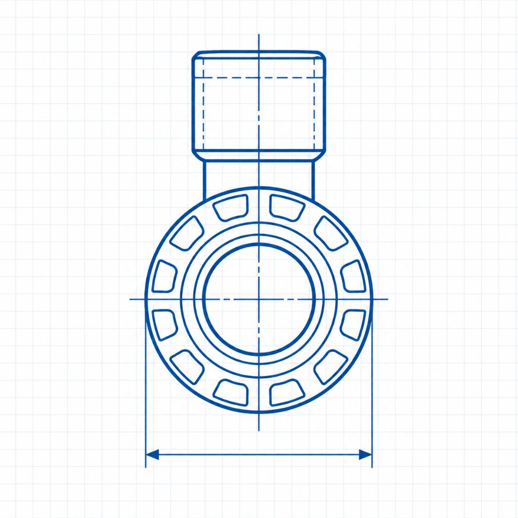 Blueprint-style drawing of a circular bearing/flange with a central bore and eight rectangular cutouts around the rim, attached to a rectangular actuator on top.