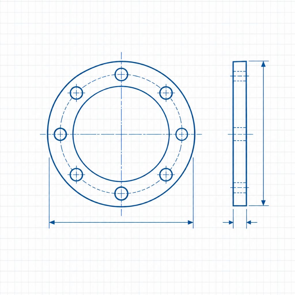 Engineering drawing of a round flange with eight equally spaced holes around a bolt circle, front and side views.