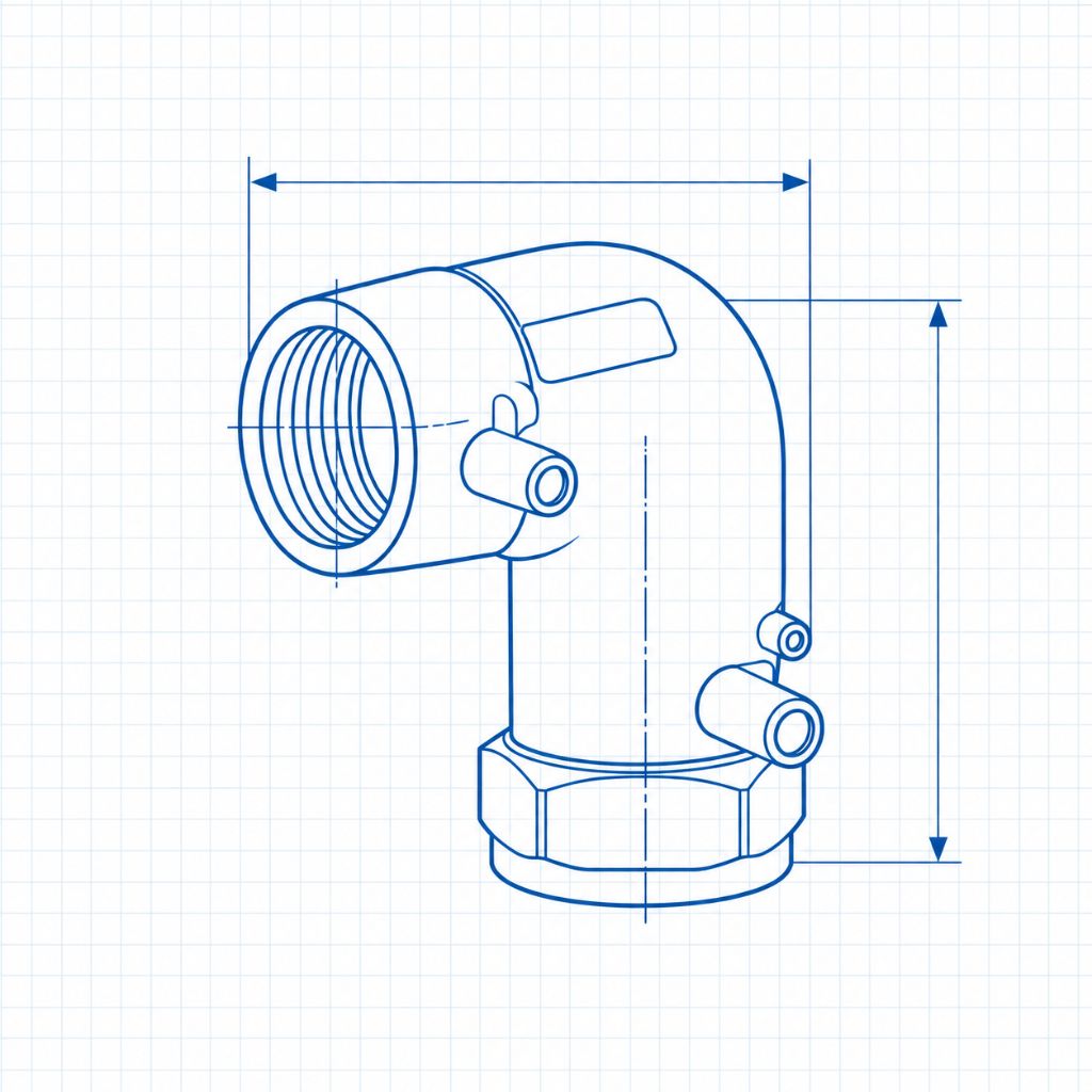 Isometric blueprint of an elbow plumbing fitting with a threaded left end, side outlet ports, and a hexagonal base, placed on graph-paper background with dimension lines.