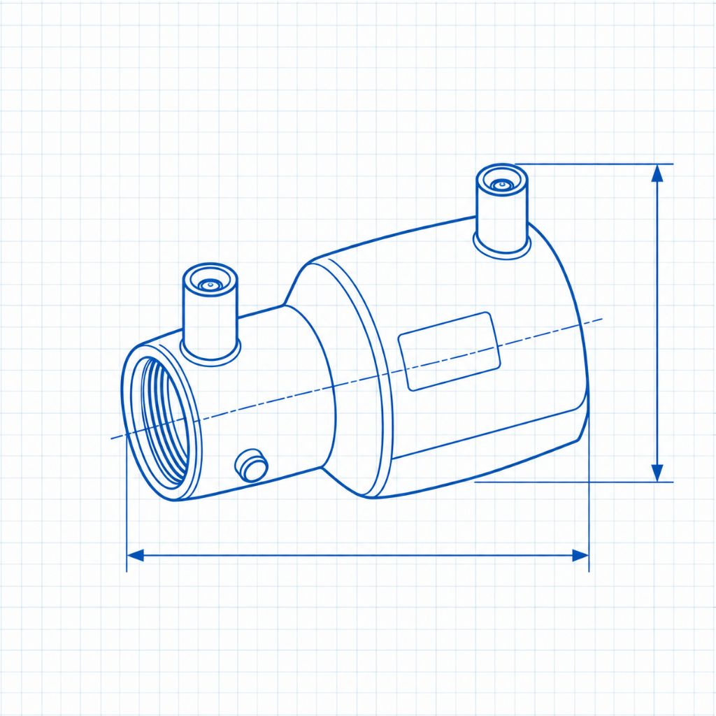 Blueprint illustration of a cylindrical pipe fitting with threaded ends and two outlet stubs on top, measured with dimension lines