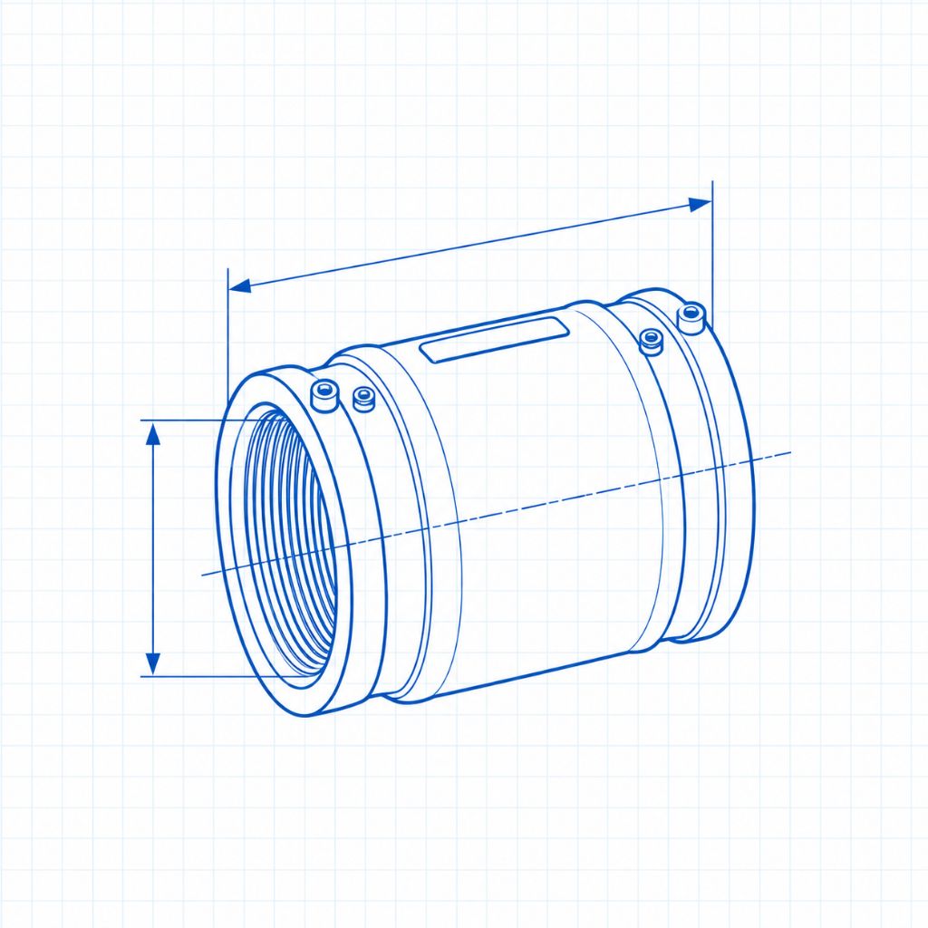 Isometric blueprint of a cylindrical mechanical coupling with threaded inner bore and bolt flanges.