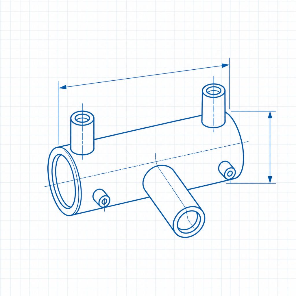 Isometric technical drawing of a cylindrical pipe assembly with two vertical ports and a diagonal branch.