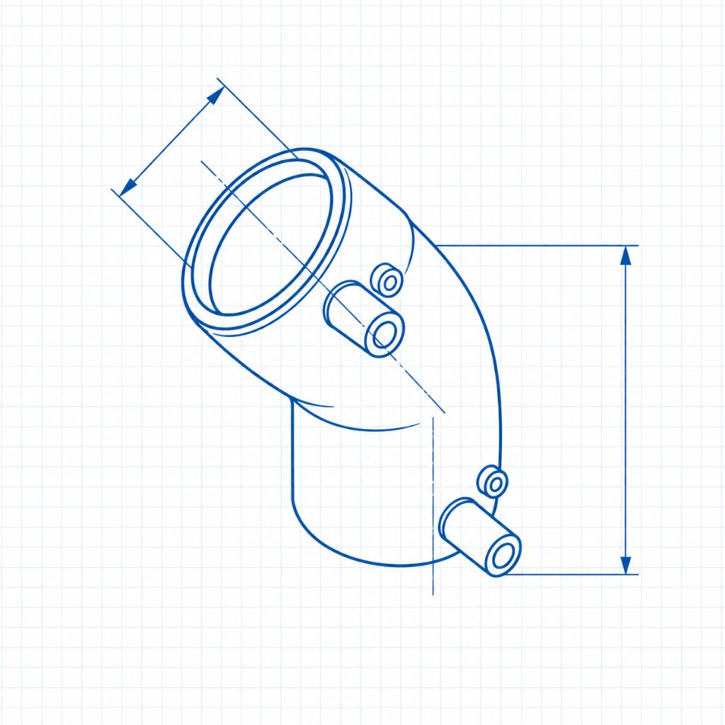 Isometric blueprint of a curved pipe elbow with a flanged open end and two side ports, drawn in blue on graph paper with dimension guides in the background