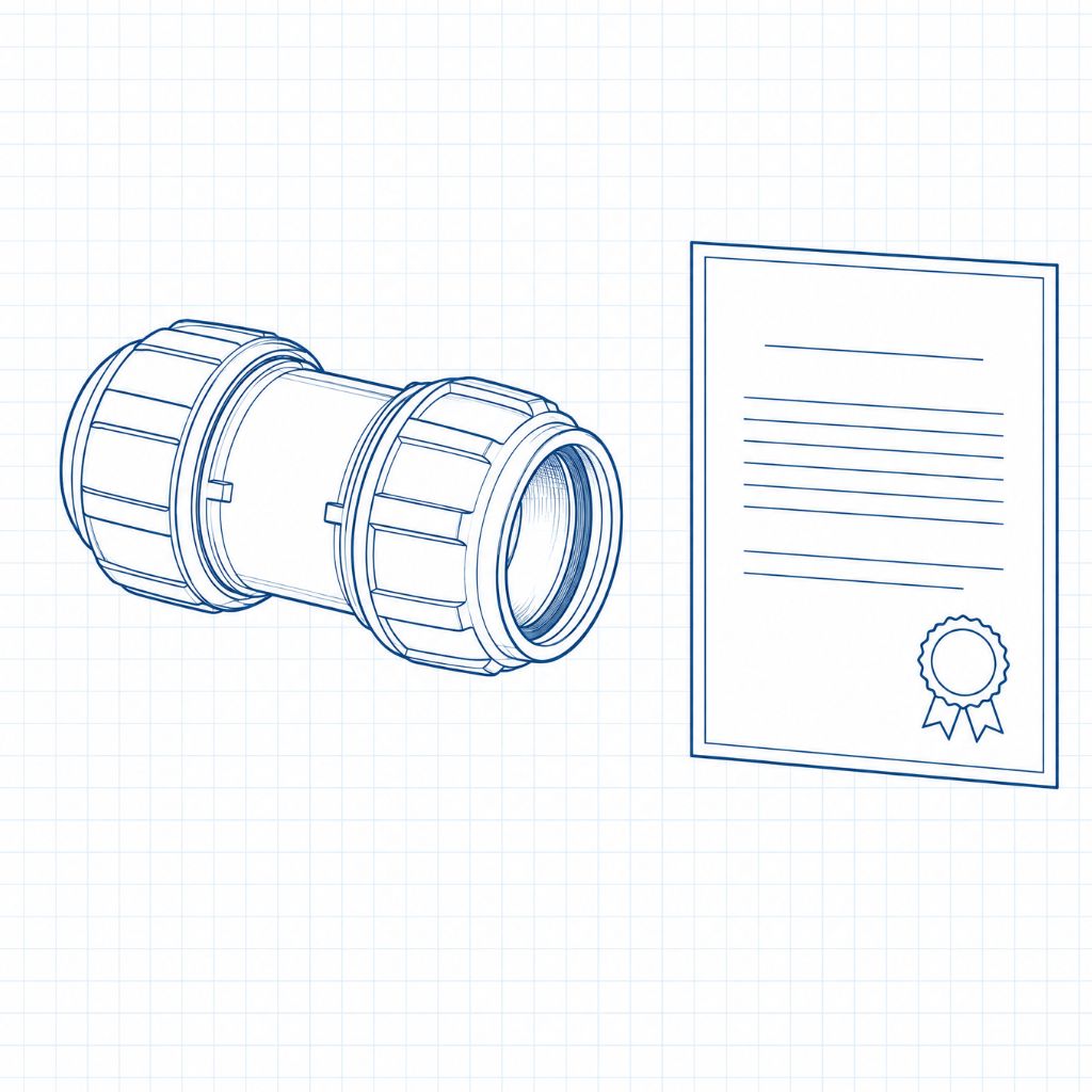 Blueprint drawing of a camera lens adapter beside a certificate with a seal on graph-paper background
