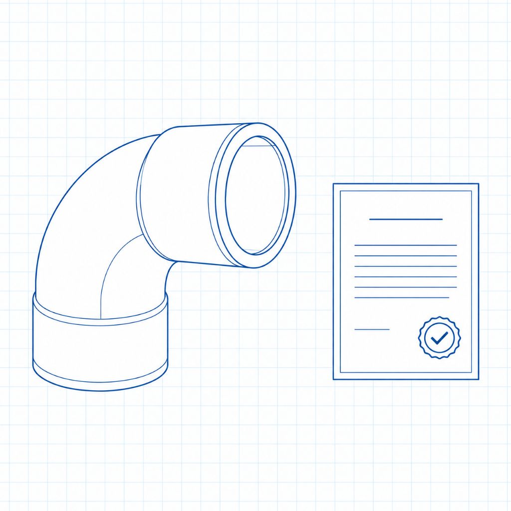 Blue line drawing of a curved pipe elbow beside a certificate with a checkmark seal on a graph-paper background.