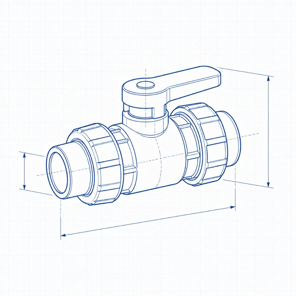 Blueprint-style line drawing of a ball valve with lever handle and threaded ends.