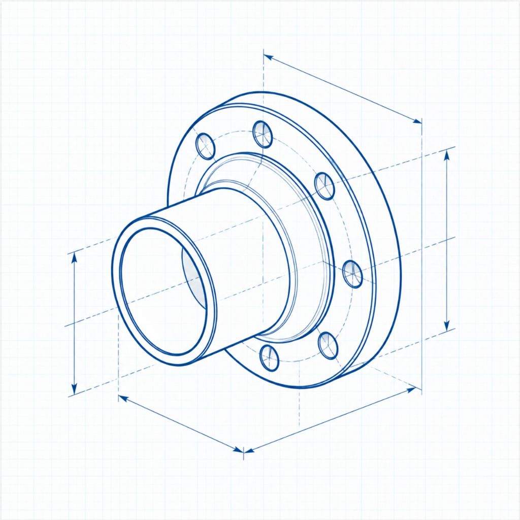 Isometric blueprint of a cylindrical flange adapter with bolt holes and dimension arrows.