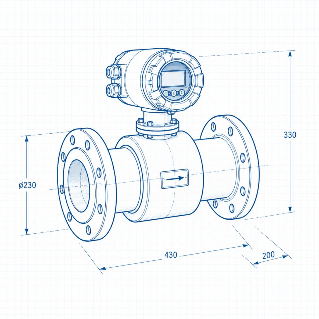 Isometric diagram of a flanged inline flow meter with a top-mounted digital transmitter; overall length 430 mm, height 330 mm, flange Ø230.