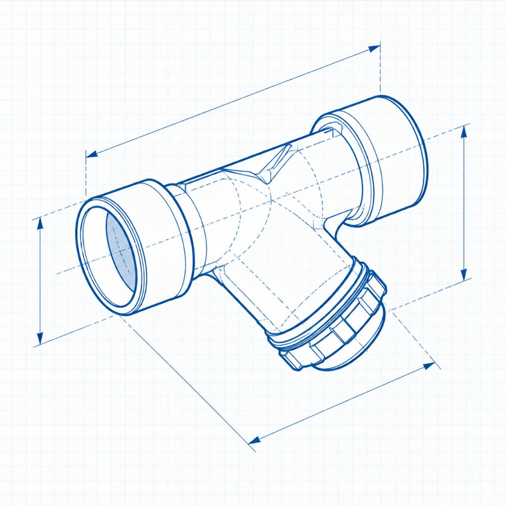 Isometric blueprint of a T-shaped pipe fitting with two open ends and a threaded connection on one leg.