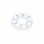Blue line drawing of a circular flange with inner bore and eight bolt holes around the outer edge, viewed at an angle