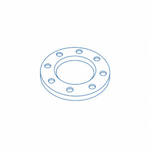 Blue line drawing of a circular flange with inner bore and eight bolt holes around the outer edge, viewed at an angle