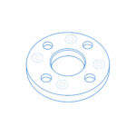 Isometric line drawing of a circular flange with a central bore and six bolt holes around the circumference.