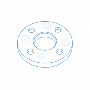 Isometric line drawing of a circular flange with a central bore and six bolt holes around the circumference.